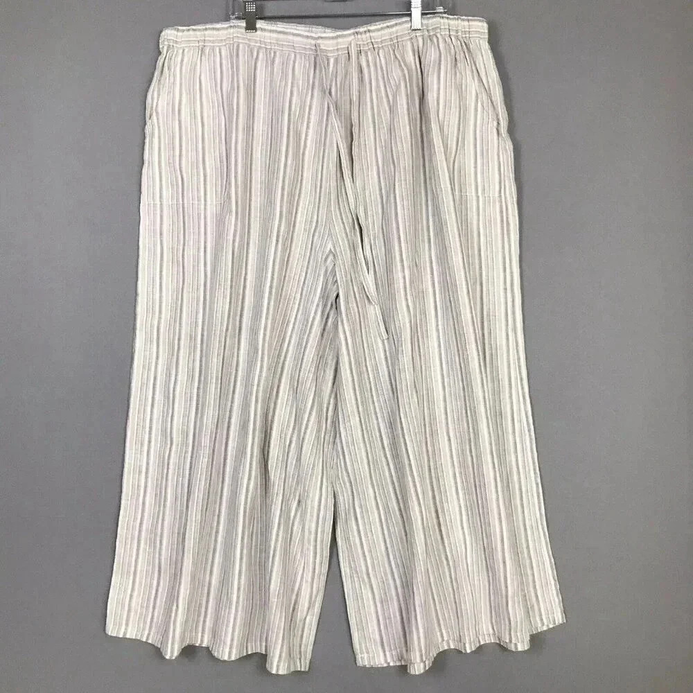 Vivid 100% Linen Wide Leg Pants Women Size 4X Pockets Drawstring Elastic Waist - Picture 16 of 16